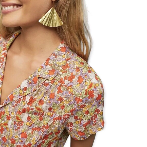 ANTHROPOLOGIE MAEVE Women’s Size 0 Button Down Shirt Citrus Floral Tie Front Bow - Picture 5 of 13